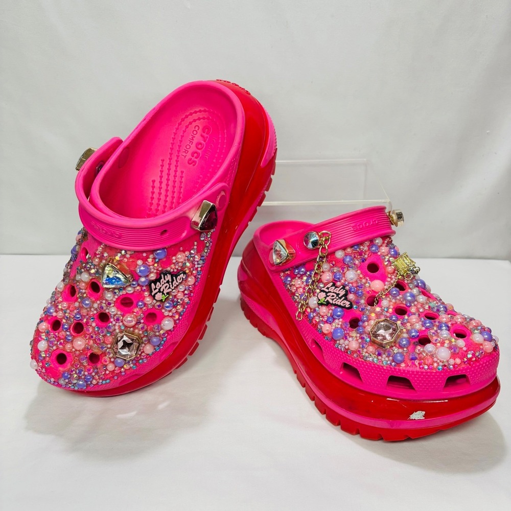 CROCS Pink Rhinestone Bejeweled Platform Mules - Picture 2 of 9
